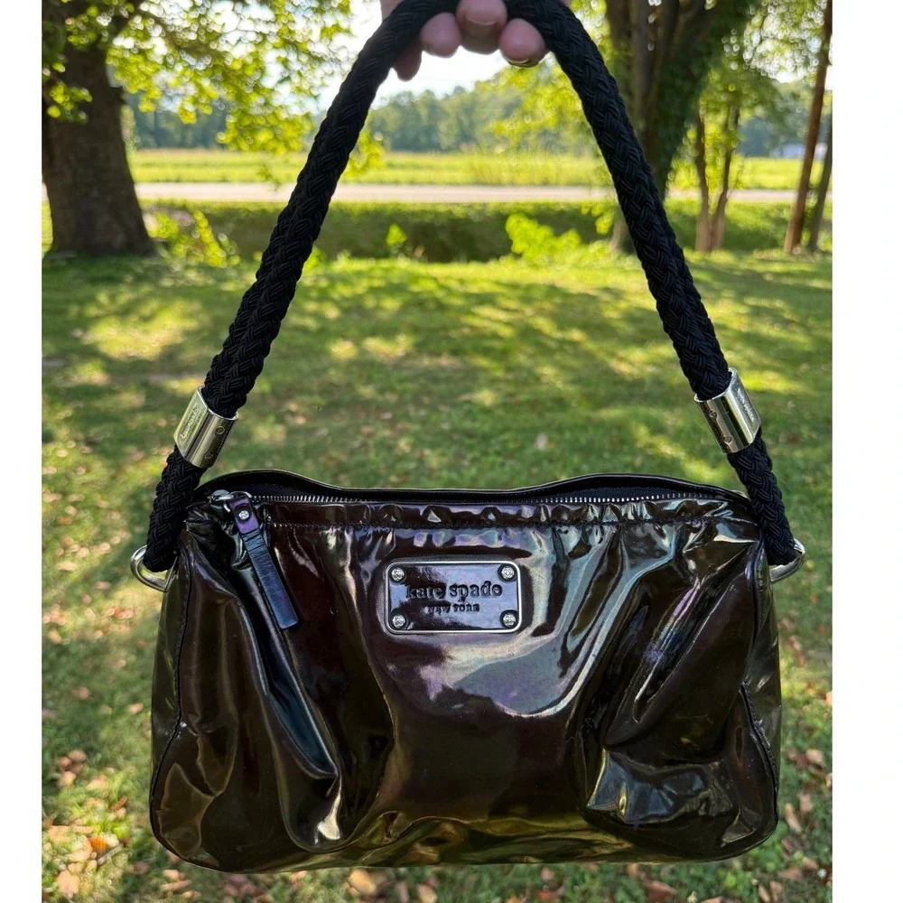 Kate Spade Brown Iridescent Patent Leather Rope Handle Shoulder Bag Y2K Vintage